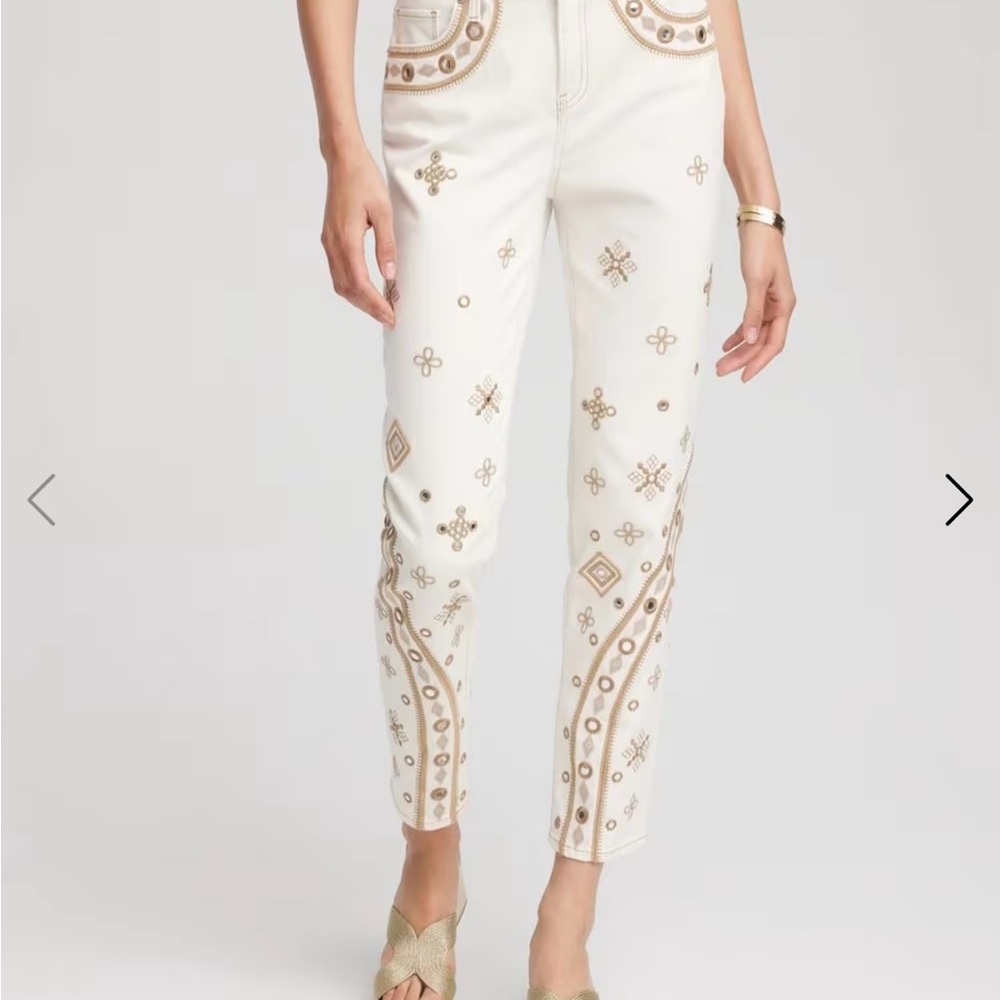 Chico's White and Tan Embroidered Straight Leg Jeans